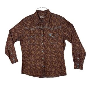 Cowgirl Hardware Western Snap Shirt Brown Paisley Cross Embroidered Turquoise LG